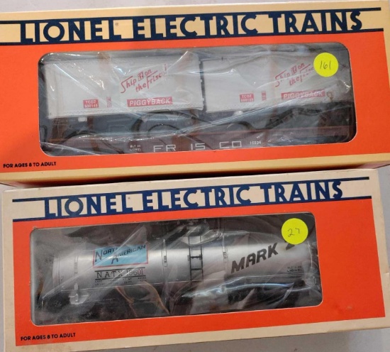 Lionel North American Single Dome Tank Car and Frisco Flatcar With Trailers