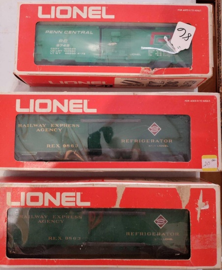 Lionel Penn Central Box Car, REA Reefer Car, and Railway Express Billboard Reefer