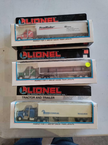 Lionel Roadrailer Tractor and Trailer, Tractor and Trailer, and Lumber Truck