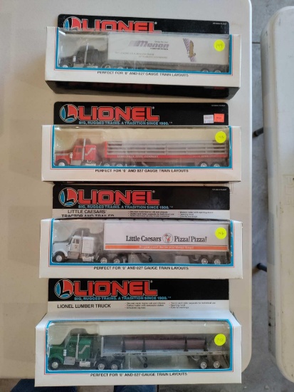 Lionel Tractor Monon Trailer, Lionelville Steel Tractor and Trailer, Little Caesers, and Lumber