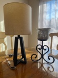 G- Black Wood Table Lamp and Metal and Glass Candleholder