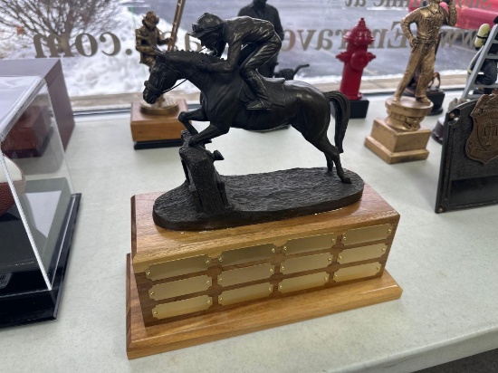 F- Bronze Horse Riding Perpetual Trophy With Walnut Base and Brass Plates