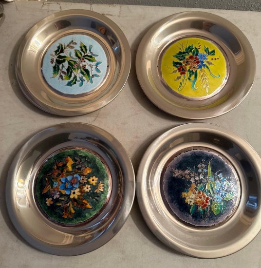 LR- (4) "The Four Seasons" Champleve On Sterling Silver Limited Edition Plates