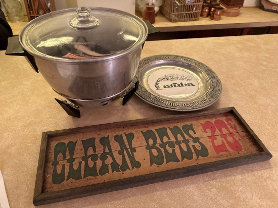 G- Electric Corn Popper, Wood Sign, and Metal Plate