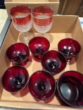 K- Box of Red Ruby Glassware and (2) Red and White Glasses