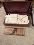 B- Metal Storage Bin With Afghan and Cabbage Cutter