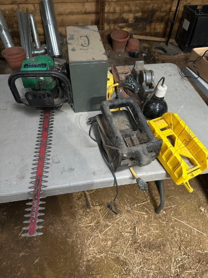 BG- Weed Eater Trimmer, Can Crusher, Container, Miter Box