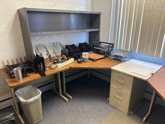 O- (2) Desks, Filing Cabinet, and Metal Stacking System