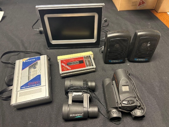 Binoculars, Digital Picture Frame, Speakers, Walkman, and Cassette Player