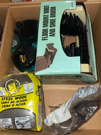 G- Boot Brush, Steel Wool, Radio, and Safety Glasses