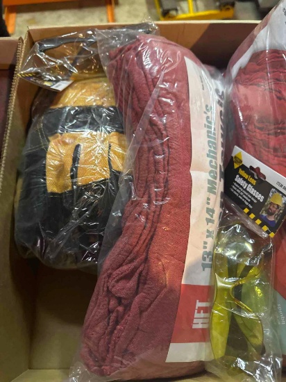 G- Box of Shop Towels, Safety Glasses, and Work Glives