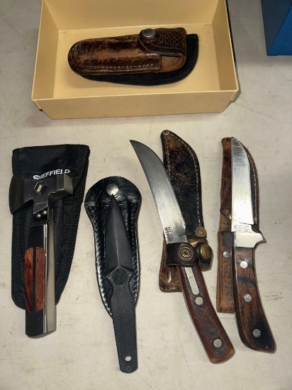 G- Sheffield Axe, (2) Knives, (2) Extra Sheaths, and Sharpener