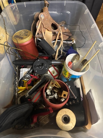 G- Bin of Assorted Hardware and Work Gloves
