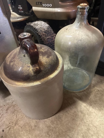 G- Glass Collingwood Water Jug and "5" Stoneware Jug