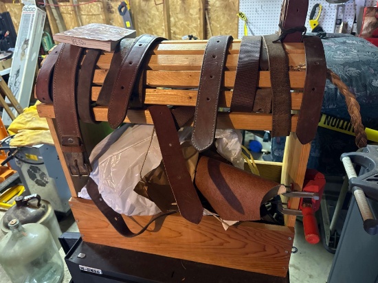 G- Wood Saddle Rack, Straps, and Tool Box With Leather Tools