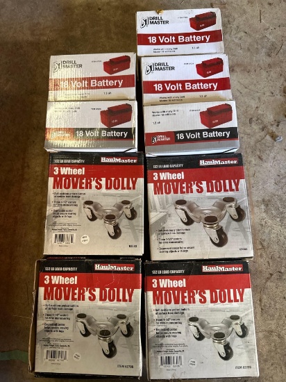 G- (5) 18 Volt Batteries, Flashlight, and (4) 3 Wheel Move's Dolly Sets