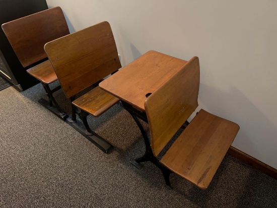 Wood School Desk and (3) School Chairs