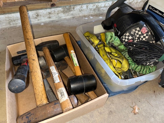 G- Box of Sledge Hammers, Mallets, Straps, and Dust Devil