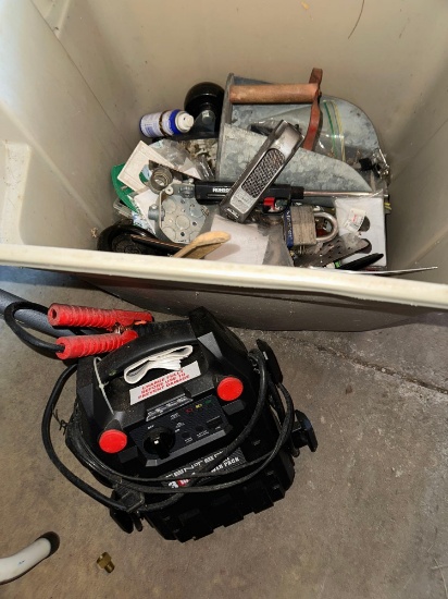 G- Battery Charger and Bin of Assorted Hardware