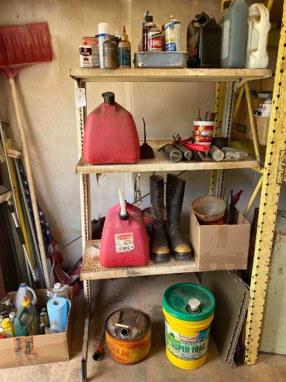 Shelf, Gas Cans, Grease Guns and Lubricant