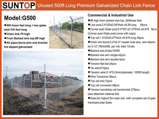 2026 SUNTOP G500 500 ft x 7 ft Galvanized Chain Link Site Fence (Unused)