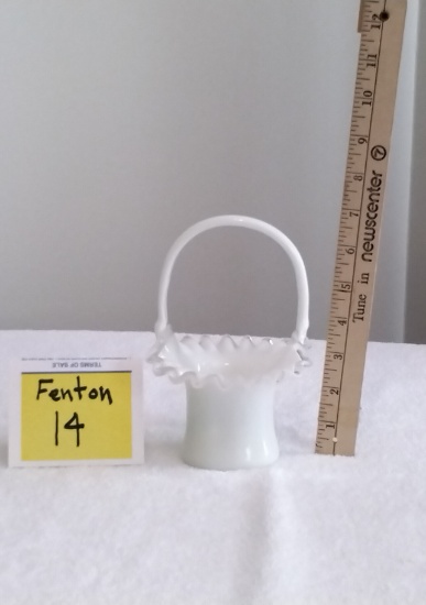 Vintage Fenton Silver Crested Ruffled Milk Glass Basket with Handle