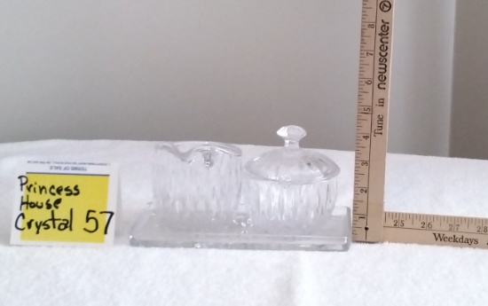 Vintage Princess House 24% Lead Crystal Cut Star Pattern 4 Pcs. Set Tray, Lidded Sugar, Creamer w/Ha
