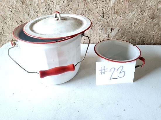 VINTAGE FARMHOUSE ENAMELWARE CHAMBER BUCKET LOT