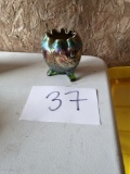 VINTAGE NORTHWOOD AMETHYST CARNIVAL GLASS ROSE VASE TRI FOOTED RUFFLED TOP
