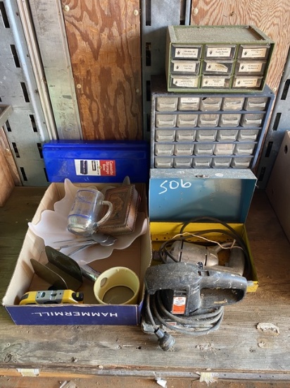 Sander, drill, cabinets with hardware