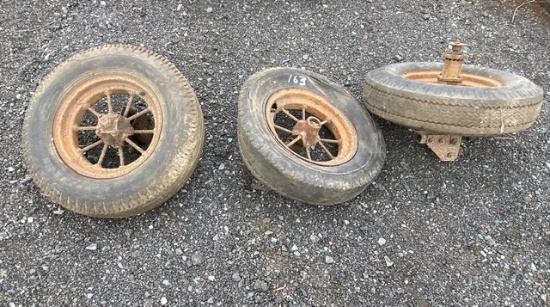 3 Antique Spoke Wheels with Tires