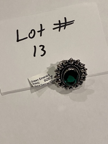 German Silver Green Emerald Ring Size 7