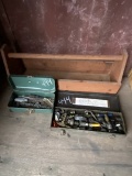 Wooden Tool Carrier and 2 Boxes of Misc.