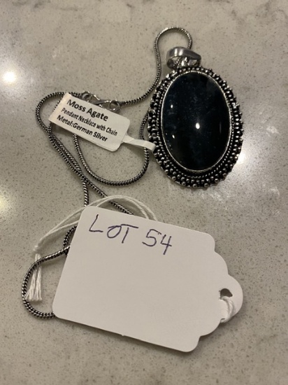 Moss Agate Pendant Necklace with Chain German Silver