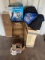 Folding Table, Bag and Box of Christmas Decor, Metal Stool and Electric Pump