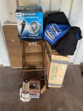 Folding Table, Bag and Box of Christmas Decor, Metal Stool and Electric Pump