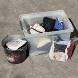 Corn hole bags and a metal bucket