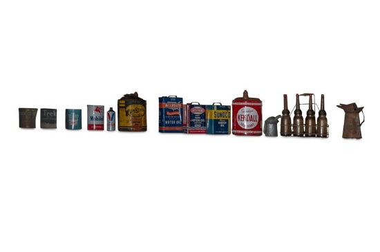 11 Gas Tins with Full Set of Glass Oil Bottles with Carry Container