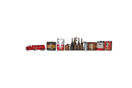 8 Gas Tins with Set of 4 Glass and One Metal Oil Bottle and Texaco Tin Truck