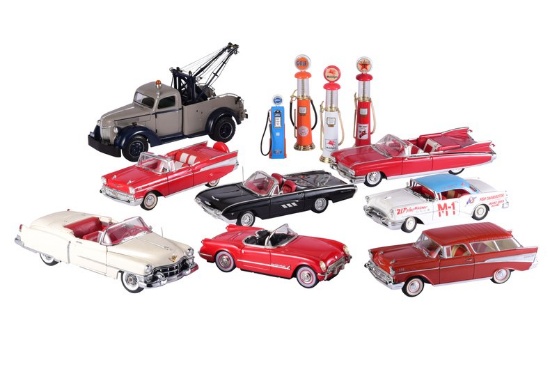 Group of American Cars Tow Truck, and 4 Gas Pumps