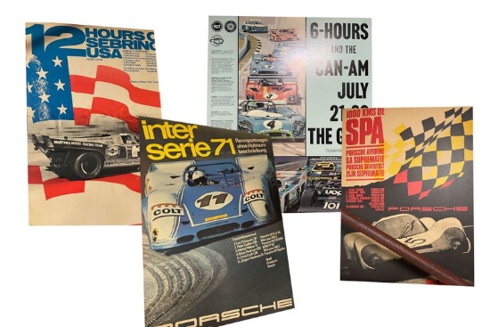 Group of Porsche Le Mans Posters, mostly mounted on posterboard