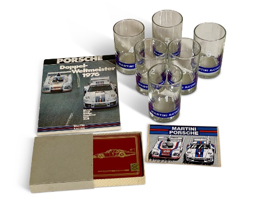 1970s Martini Numbered Six Glass Set with Porsche Paraphernalia