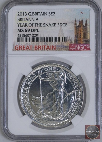2013 Great Britain Silver Britannia Year of the Snake Edge 1oz (NGC) MS69DPL