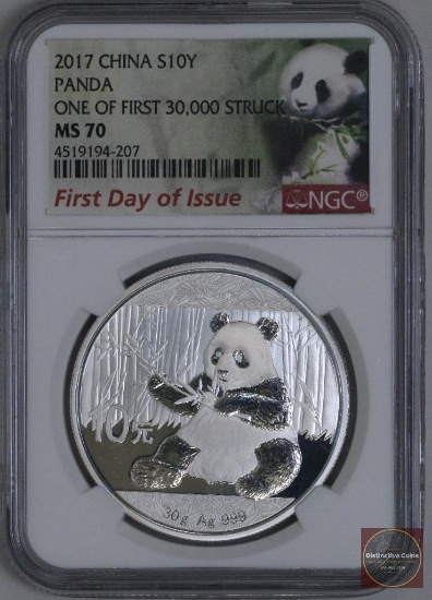 2017 China Silver Panda 30 Grams .999 Fine Silver (NGC) MS70 First Day of Issue