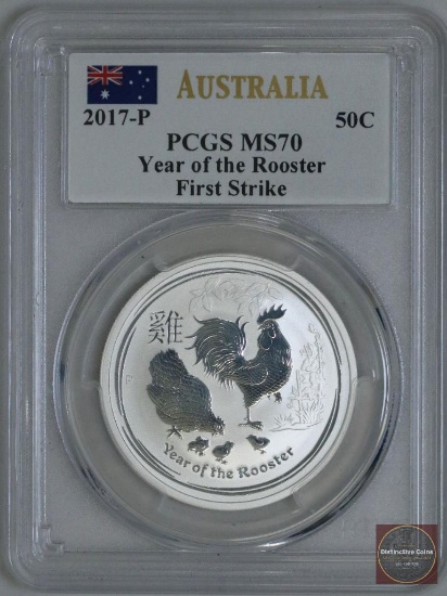 2017 Australia Rooster 50 Cents 1/2oz .9999 Fine Silver (PCGS) MS70 First Strike