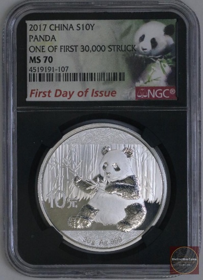 2017 China Silver Panda 30 Grams .999 Fine Silver (NGC) MS70 First Day of Issue