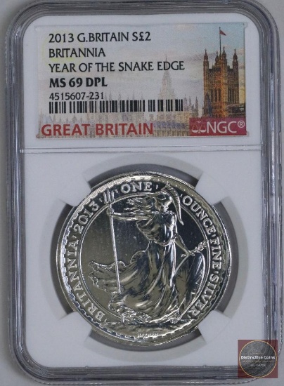 2013 Great Britain Silver Britannia Year of the Snake Edge 1oz (NGC) MS69DPL
