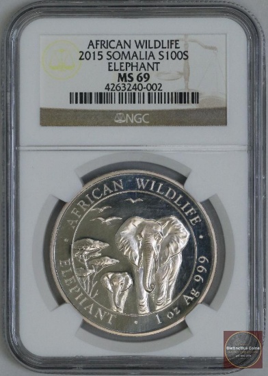 2015 Somalia 100 Shillings Elephant 1oz .999 Fine Silver (NGC) MS69