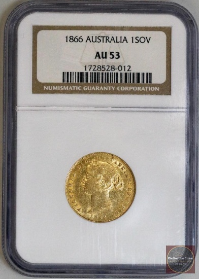 1866 Australia Sovereign Gold (NGC) AU53