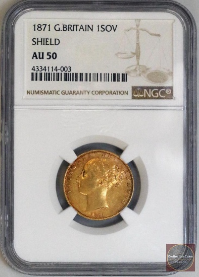 1871 Great Britain Sovereign Gold (NGC) AU50